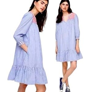J. Crew Blue and White Stripe Embroidered Leda Popover Dress Size XXL